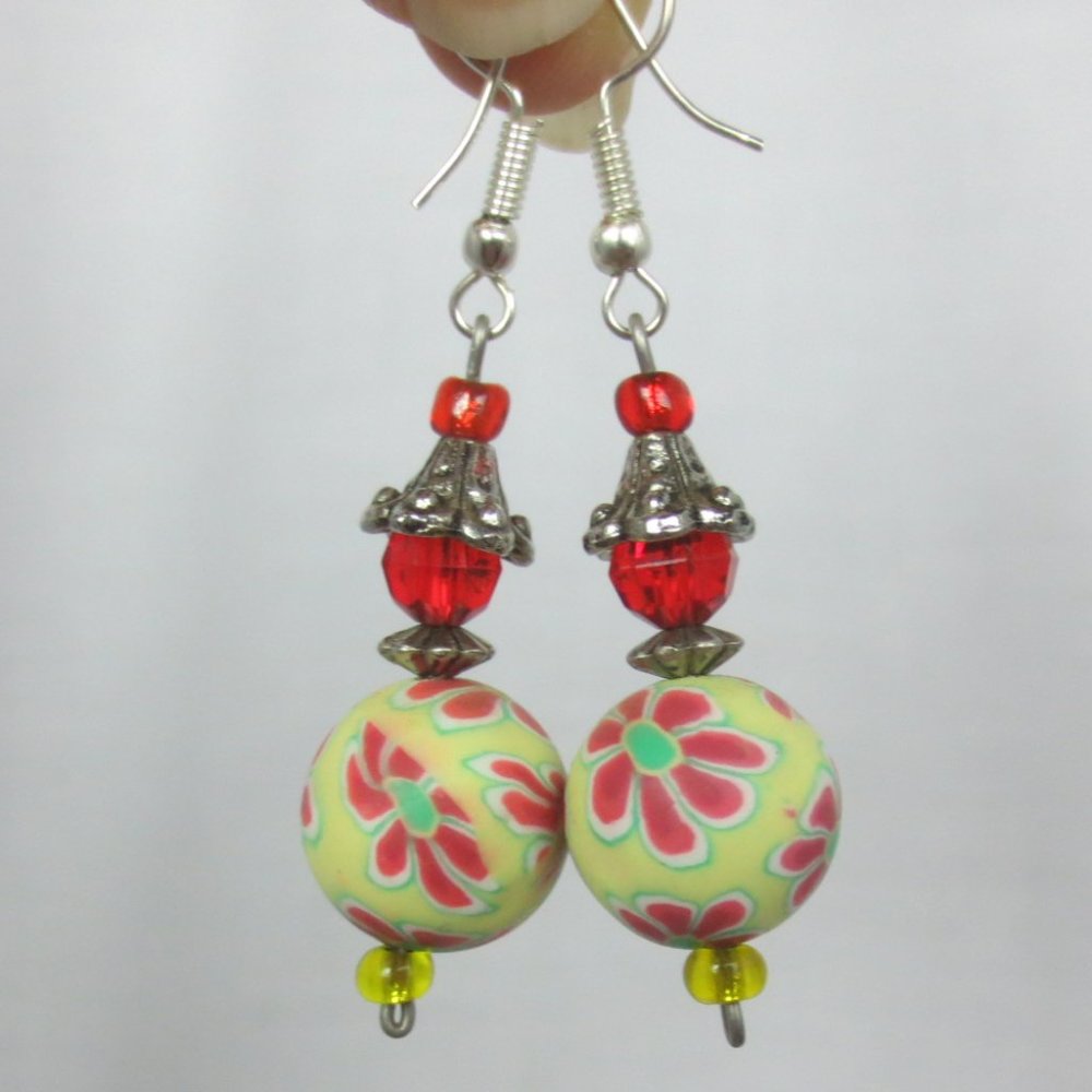 Handcrafted Earrings Pierced Yellow Red Silver Boho Floral Lightweight Dangle